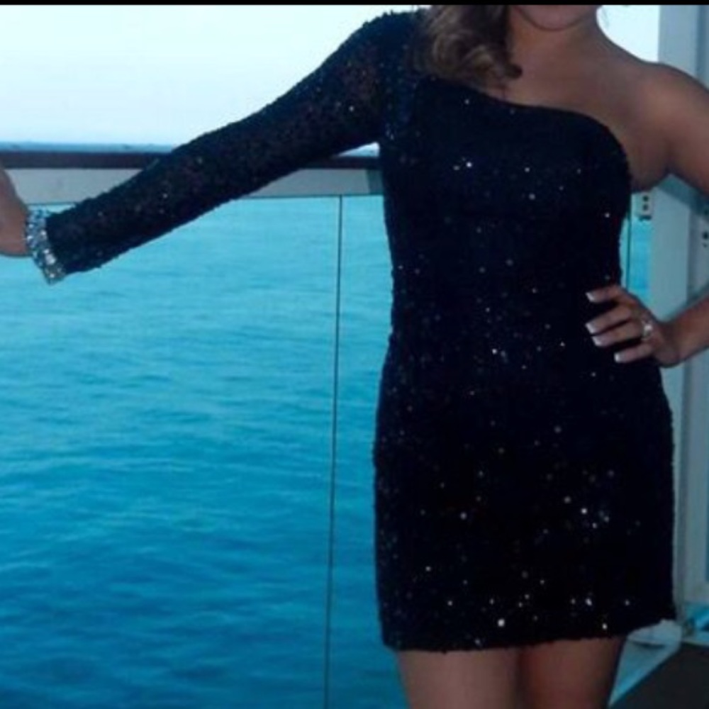 One sleeve black sequin formal cocktail dress